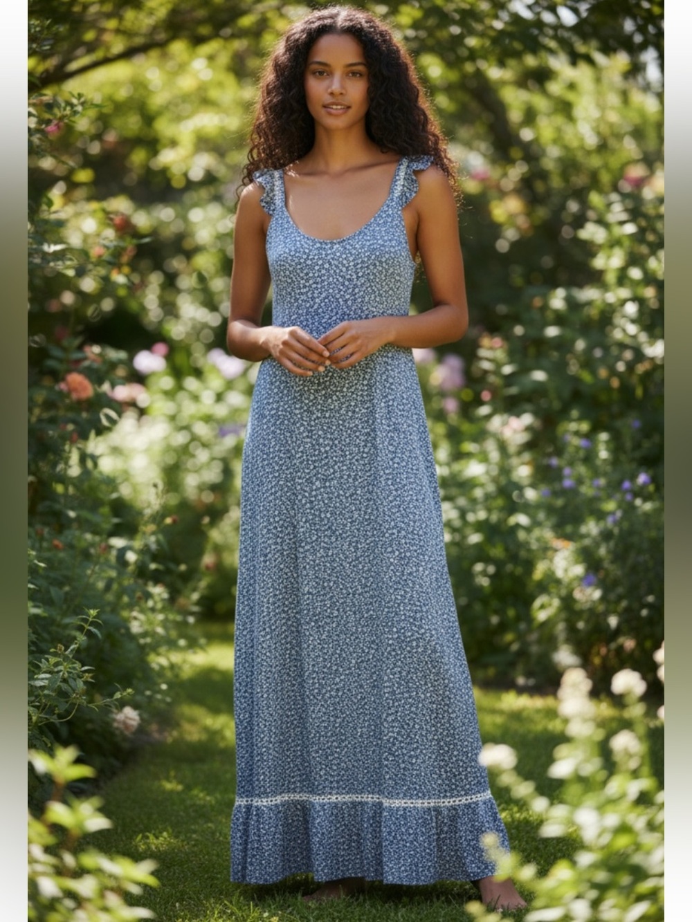 Japna | Blue & White Printed Maxi Dress with Ruffle Sleeveless Straps 100% Rayon